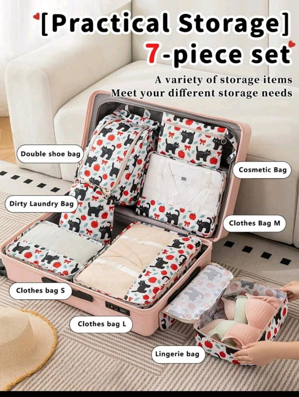 Cat & Apple Packing Cube Set - White with Black and Red Print
